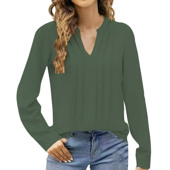 Women's Long Sleeve T-Shirt Clearance Sales V-Neck Shirt Europe and the United States Blouse Temperament Long Sleeve Sweet Top V Neck Design Feeling Shirt