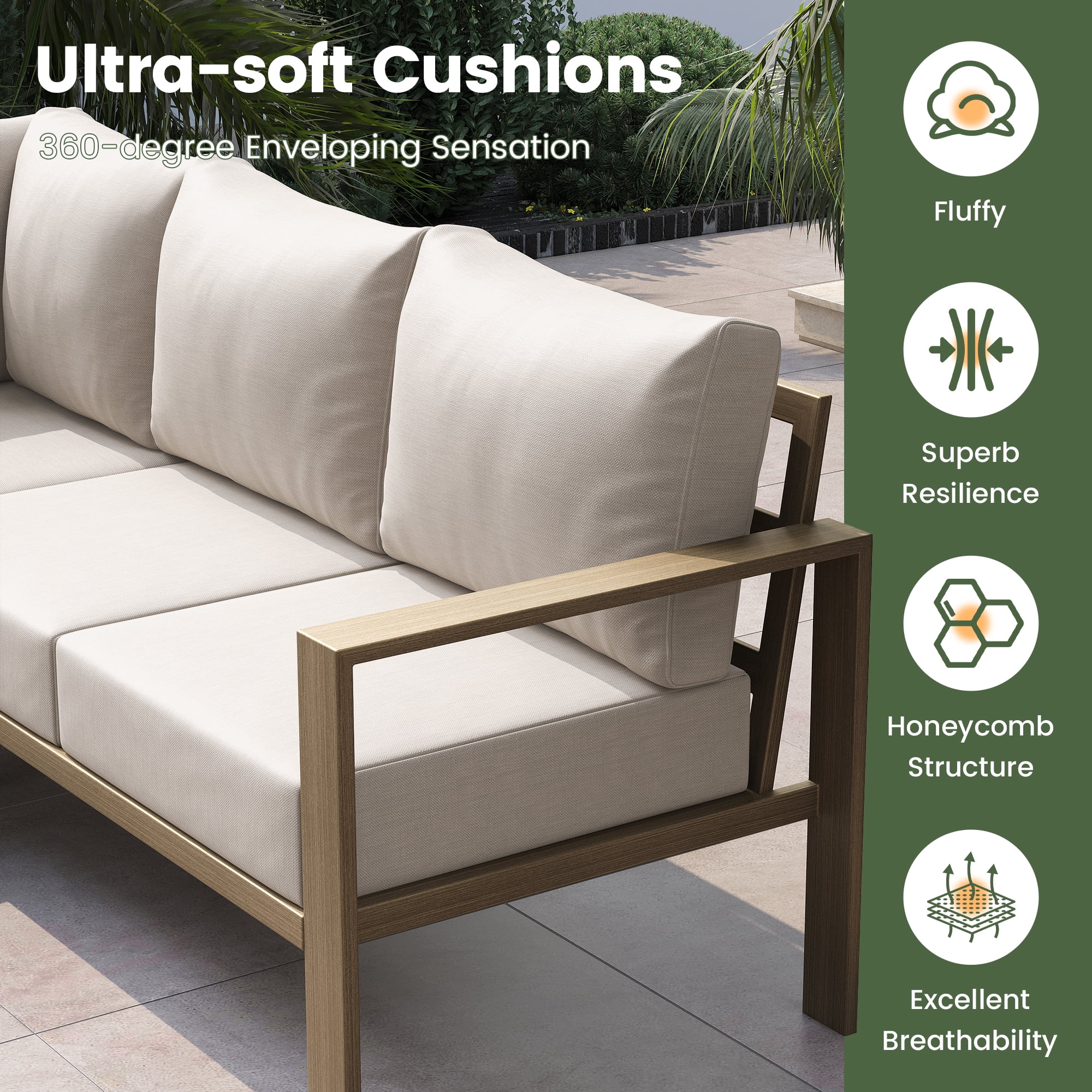 ELPOSUN 6 Pieces Patio Furniture Sets with 6" Thick Olefin Cushions, Faux Wood Metal Outdoor Sectional Furniture L Shape Patio Conversation Sets for Garden, Backyard Beige