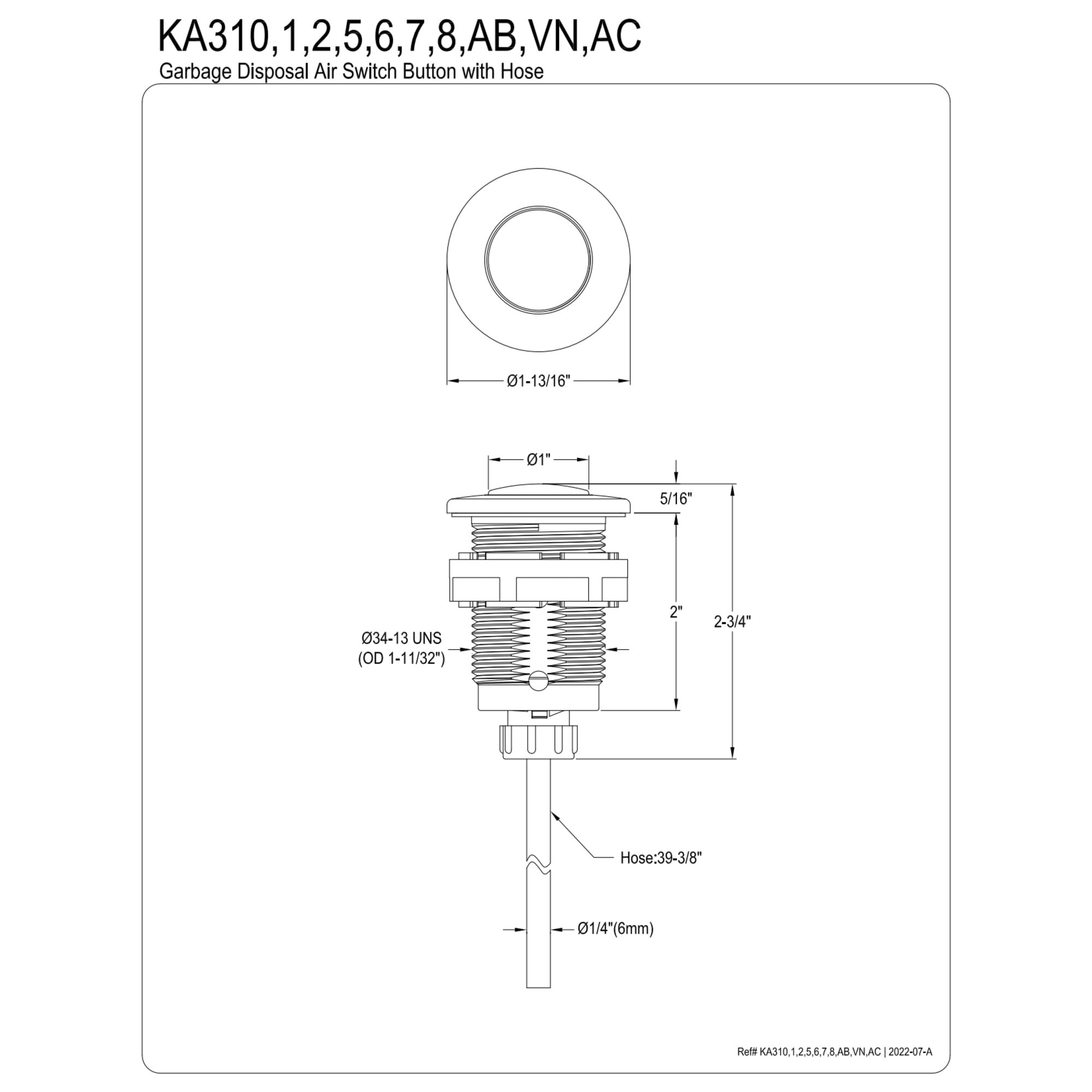 Kingston Brass KA310 Gourmetier Disposal Air Switch Button in Matte Black