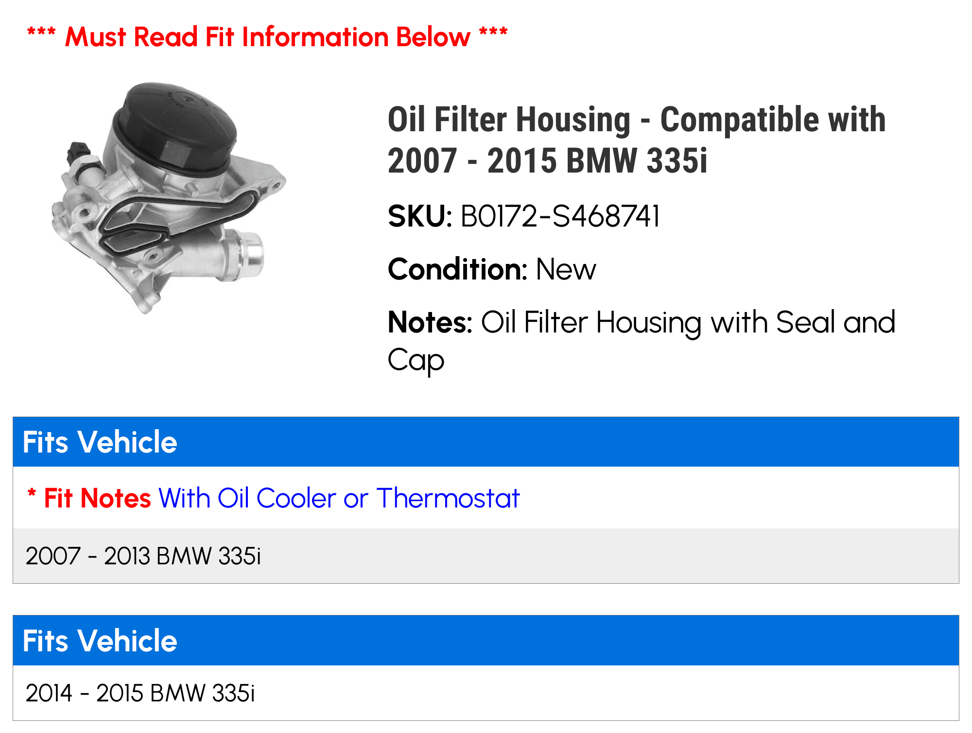 Oil Filter Housing - Compatible with 2007 - 2015 BMW 335i 2008 2009 2010 2011 2012 2013 2014