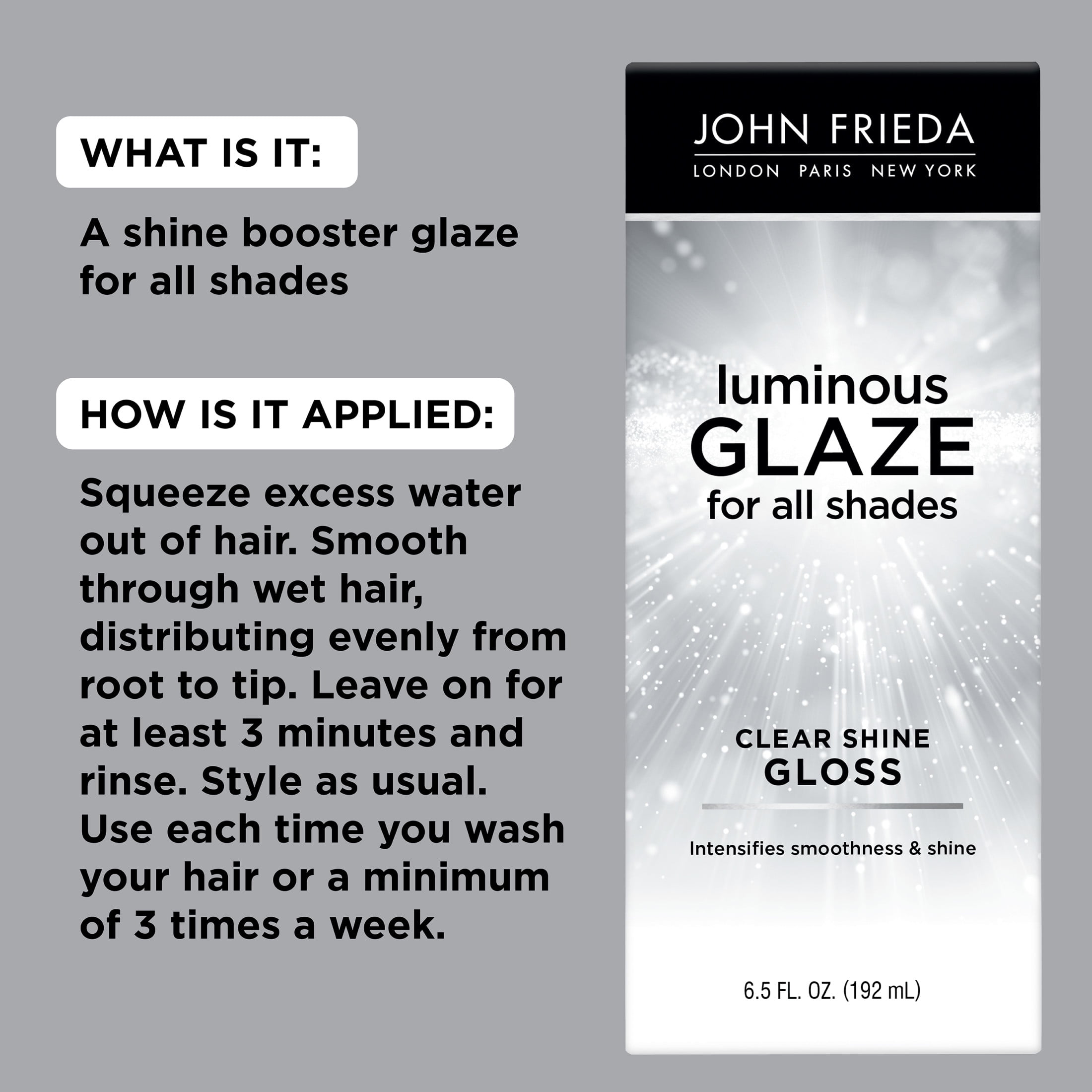 (4 pack) John Frieda Clear Hair Shine Gloss Treatment, Luminous Glaze, Rich Color, without Frizz, for Men and Women, 6.5 fl oz