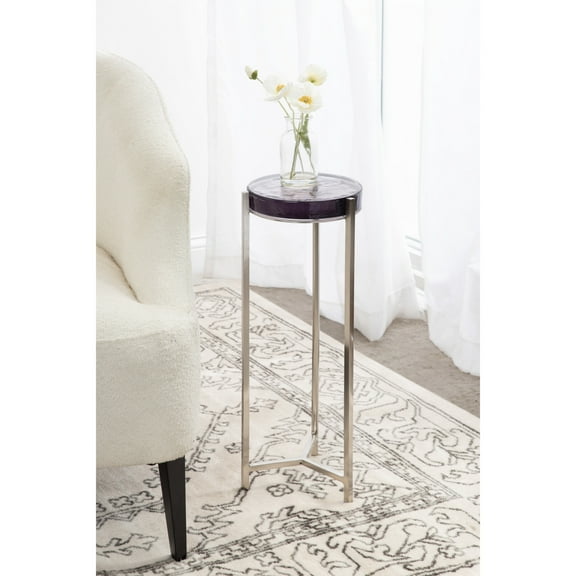 Kate and Laurel Aguilar Modern Drink Table, 9 x 9 x 23, Purple Glass and Silver, Unique Round Glass Mini Table for Use as Bathroom Accent Table or Glam Martini Table