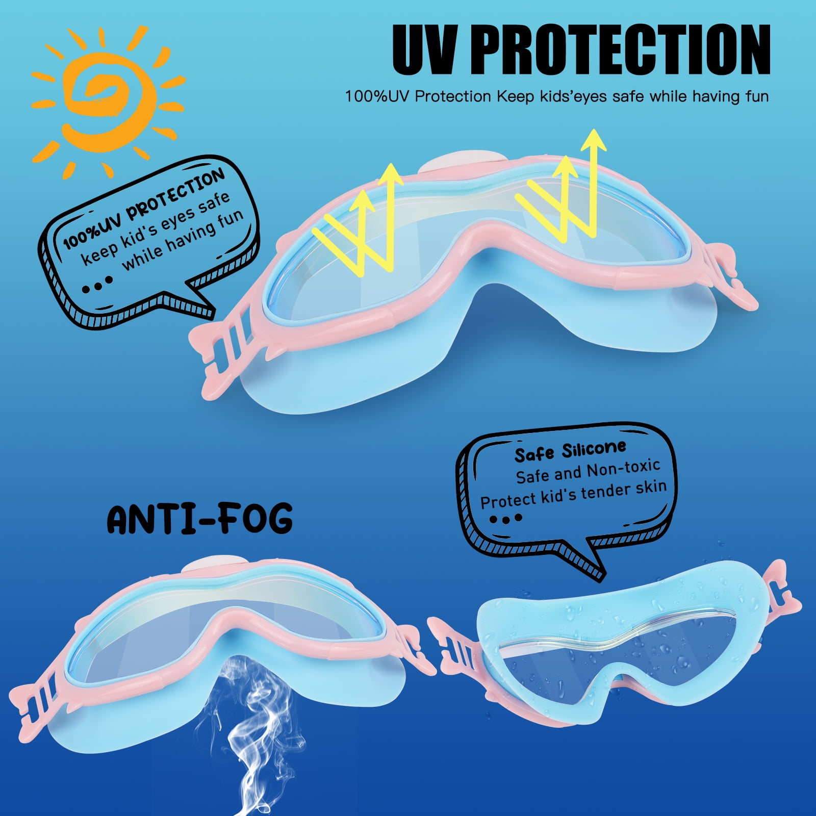 GPED Kids Swim Goggles for Age 3-15 Boys Girls, 2 Pack Swimming Goggles Anti Fog No Leaking Anti Fog Kids Goggles and 2024 Upgraded Design with Ear Nose Plug