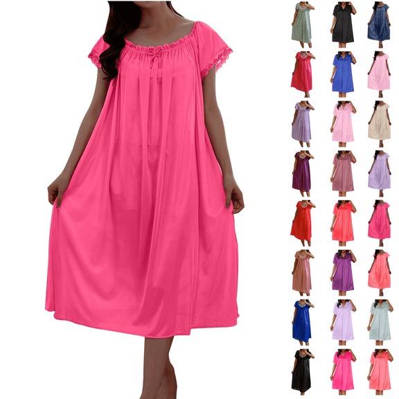 Utoimkio Silky Nightgowns for Women Summer Soft Nightdress Plus Size Loose Short Sleeve Pajama Dress Lounge Sleepwear