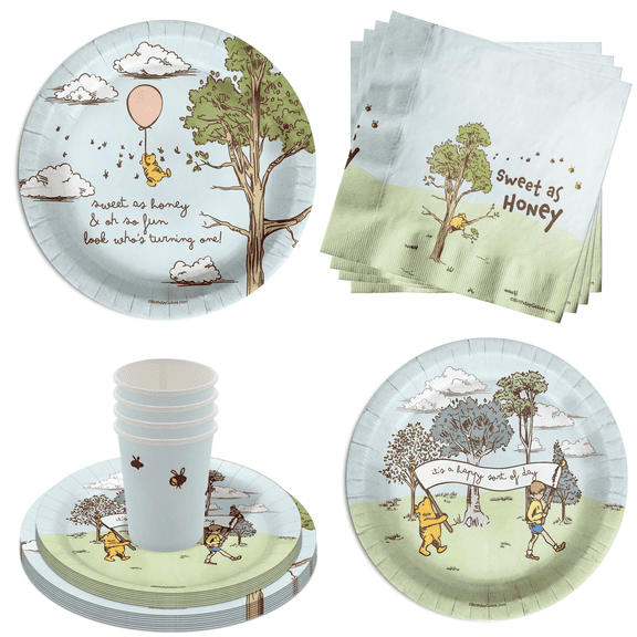 Pooh Bear 1st Birthday Party Supplies - 64 Piece First Birthday Tableware Set Includes Large 9" Dinner Plates and 8" Dessert Paper Plates Napkins Cups - Kit for 16