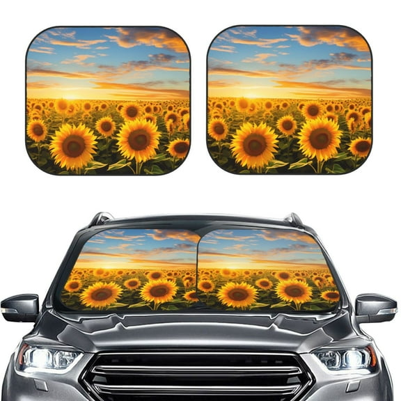 Kdxio Beautiful Golden Sunflower Field Print 2-Piece Sun Shade Front Windshield - Foldable Car Front Window Sunshades for Most Sedans SUV Truck
