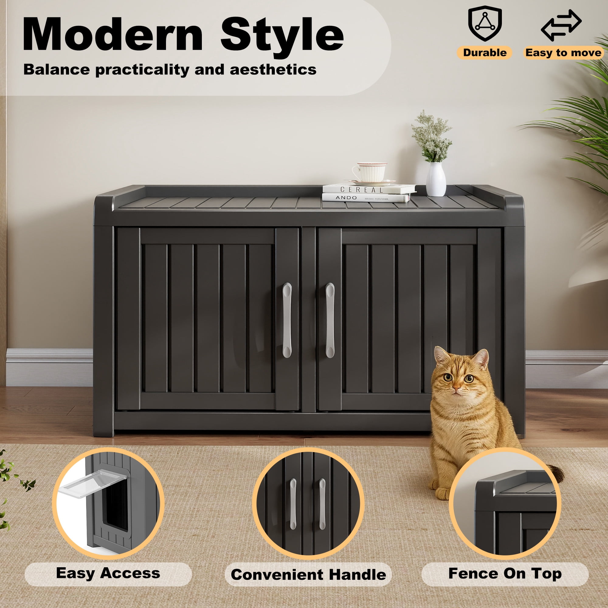 EasyUp Cat Litter Box, Resin Weatherproof Enclosed Litter Box with Dual-Door Design, Hidden Furniture for Indoor Home Use (Black)