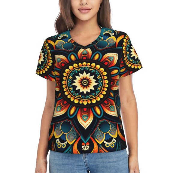 V Neck Tee Tops Summer Short Sleeve Casual T-Shirts, Ethnic Mandala Bohemianflower