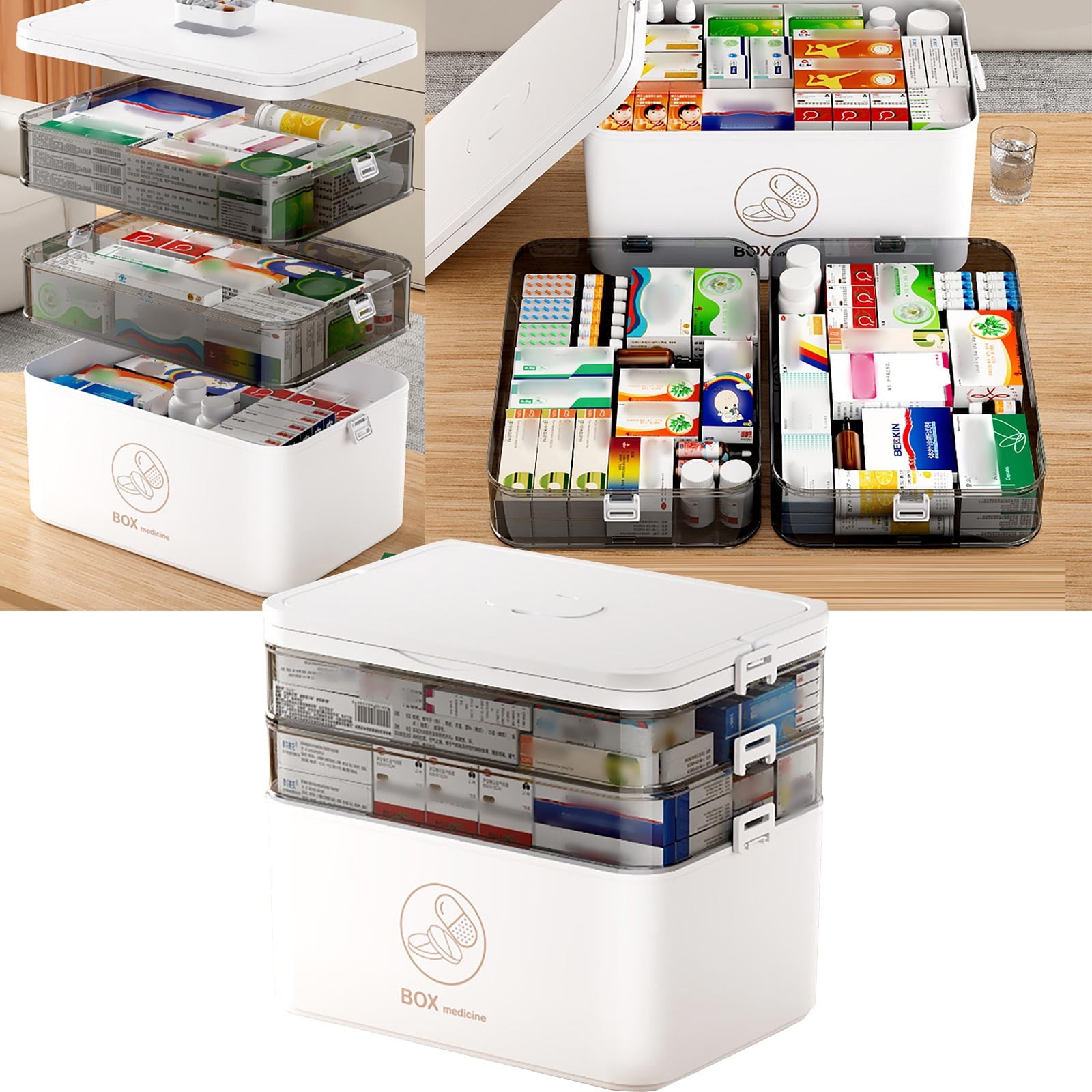 Medicine Organizer,3-Tier Medicine Storage Box, Empty Family Emergencies First Aid Kit Container,Portable Plastic Medicine Storage Organizer Holder Multipurpose Box With Handle For Home,Travel (White)