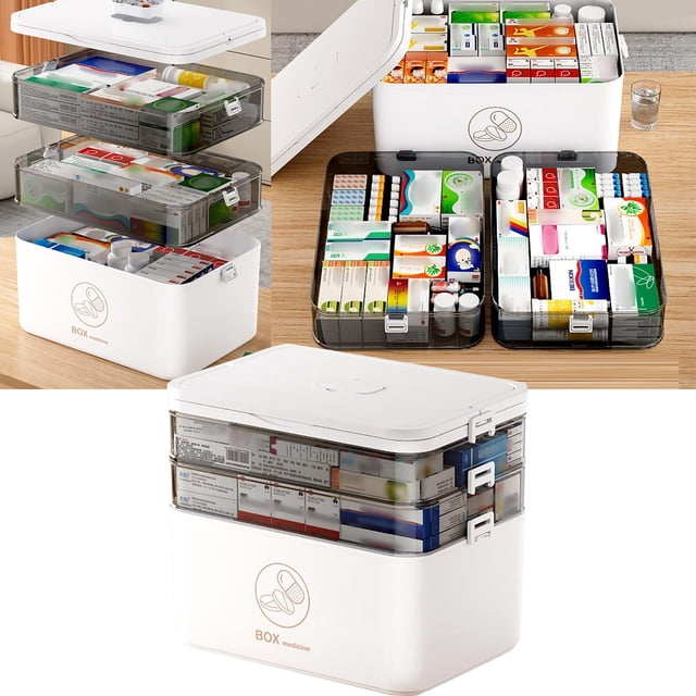 Large Capacity Medicine Box Household Emergency Medical Box Children'S Emergency Medicine Multi-Layer Simple Style with Cover Dustproof Storage Box White Organizers and Storage, by Relocy