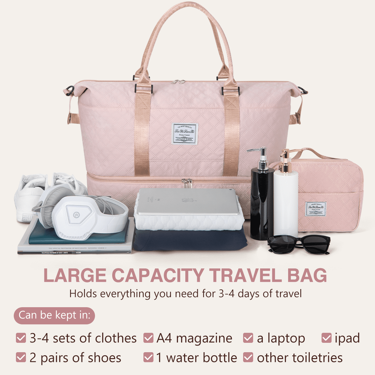 Travel Duffle Bag, Weekender Bags for Women with Shoe Compartment, Carry on Overnight Bag with Toiletry Bag and Shoes Bag, Gym Duffel Bag with Wet Pocket, Hospital Bags for Labor and Delivery, Pink