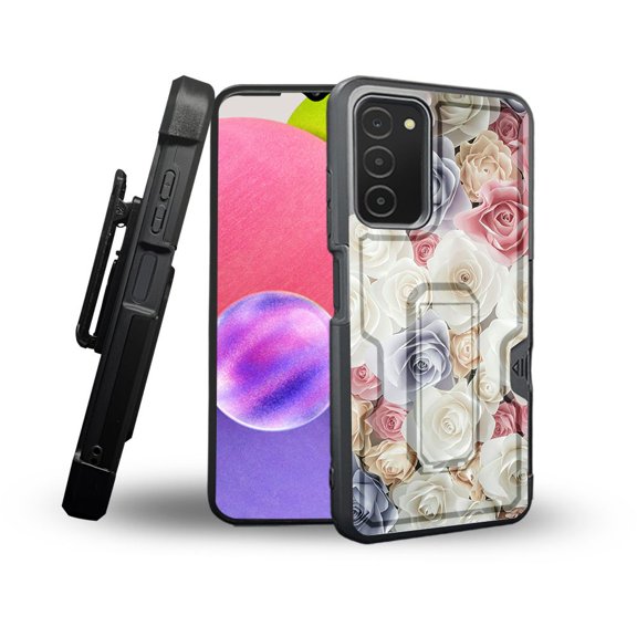 ANJ  Rugged Shockproof Holster Case Card Slot Kickstand   Tempered Glass Cover for Samsung Galaxy A03s - Silk Roses