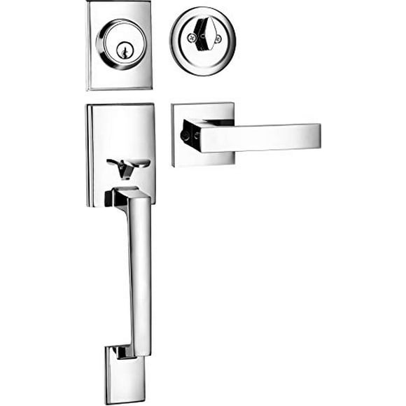 Berlin Modisch Ensemble de Poignée de Cylindre Simple avec Poignée de Porte à Levier (pour Entrée et Porte avant) Réversible pour Droitier et Gauche et Ensemble de Poignée à Pêne Dormant à Cylindre Simple Finition Chrome Poli
