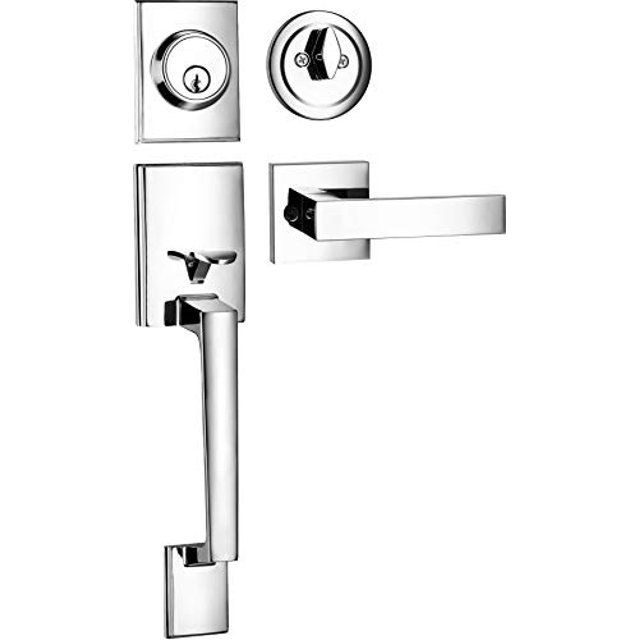 Berlin Modisch Ensemble de Poignée de Cylindre Simple avec Poignée de Porte à Levier (pour Entrée et Porte avant) Réversible pour Droitier et Gauche et Ensemble de Poignée à Pêne Dormant à Cylindre Simple Finition Chrome Poli