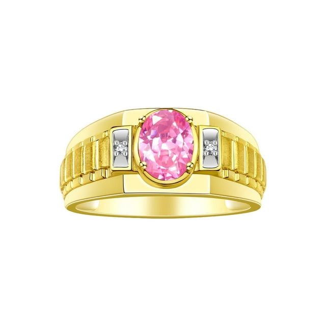 RYLOS Men's Rings Yellow Gold Plated Silver Rings Classic Designer Style 8X6MM Oval Gemstone & Diamond Ring Pink Ice Birthstone Rings For Men Size 11
