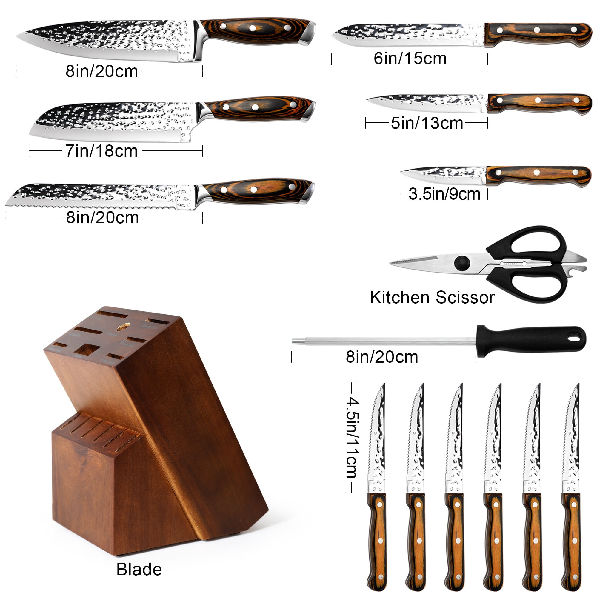 Blusmart Kitchen Knife Set, 15-Piece Knife Set with Wooden Storage Block, High Carbon Stainless Steel, for Cooking Cut (Brown)