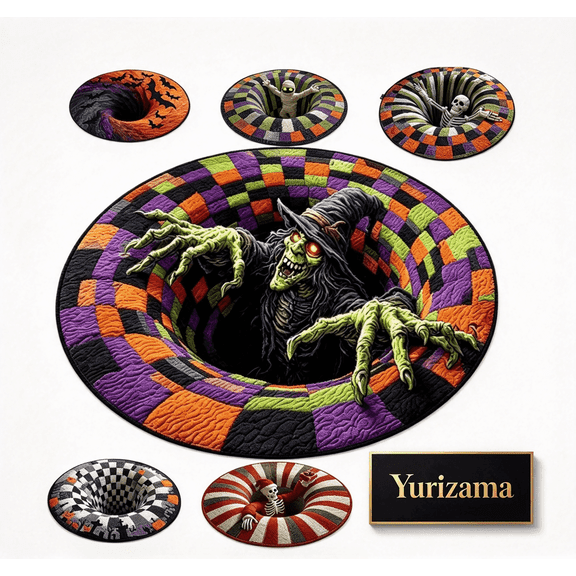 Yurizama 3D Skeleton Vortex Round Rug, Non-Slip Quilted Velvet, Spooky Illusion for Indoor Room