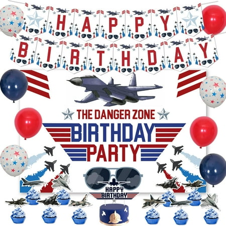 52Pcs Fighter Jet PriNst Birthday Decorations, Air Force Decor with the Danger Zone Backdrop Fighter Pilot Cake Toppers Banner Airforce Pentagram Balloons for Aircraft Airplane Supplies