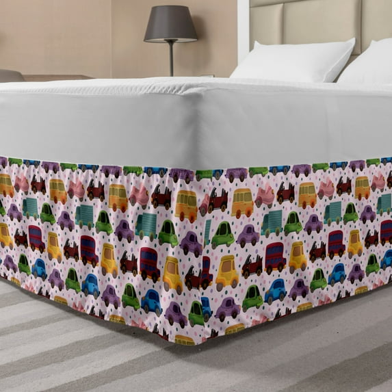 Cars Bed Skirt, Cartoon Style Vehicles Double Deckers Vans Roadsters Childish Baby Boy Design, Elastic Bedskirt Dust Ruffle Wrap Around for Bedding Decor, 4 Sizes, Multicolor, by Ambesonne
