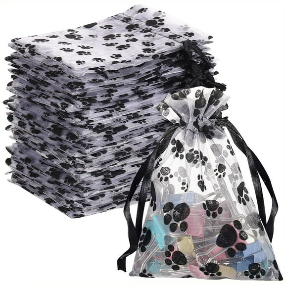 Girl Unique Gift Gift Paw Print Organza Bags: 50 Pcs Jewelry Drawstring Storage Bag - 6X4in Black Sheer Organza Wedding Favor for Theme Party Candy Goodie
