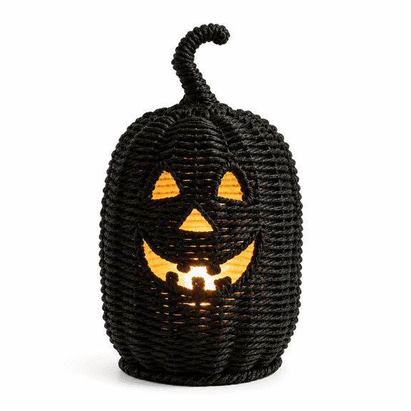 11.8" Black Woven Rattan Jack-O'-Lantern Pumpkin with Warm LED Light, Fall Halloween Tabletop Decoration for Indoor Home, Mantel, Party Decor, Rattan Halloween Pumpkin Decoration