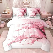 jejeloiu Abstract Cherry Floral 7-Piece Twin Bedding Sets,Pink Splashing Ink Bedding Comforter Set,Modern Aesthetic Art Sheet Sets For Teens,Microfiber Bedroom Decor Reversible