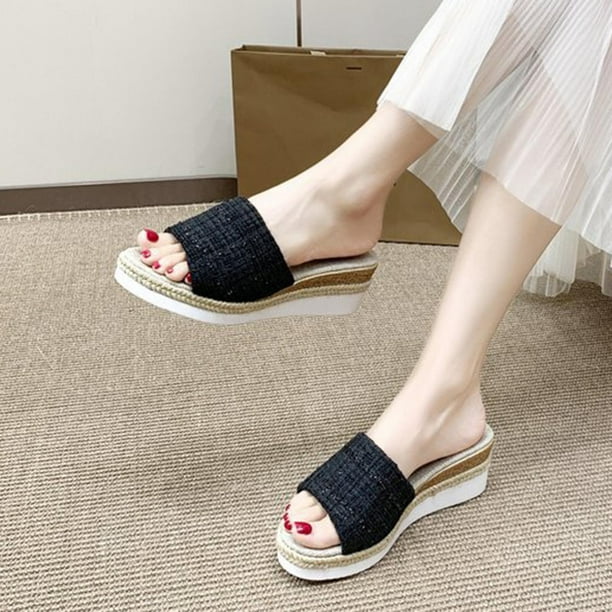 Women Chic Three-Color Stitching Sandals, Summer Ladies Wedge Sandals Low  Heel Slipper Footwear Peep-Toe Shoes 