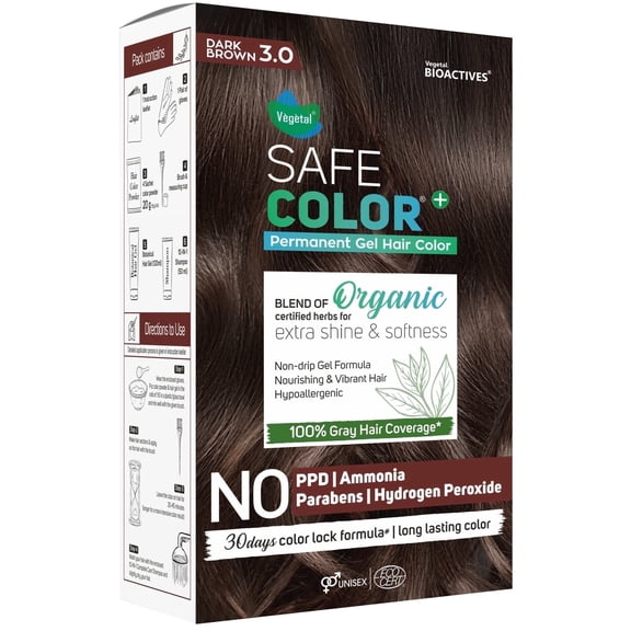 Vegetal Safe Color+ Organic Permanent Gel Hair Color, Dark Brown 3.0, 70 ml No Ammonia, Made with Natural Herbs, 100% Gray Coverage, 30-Day Color Lock