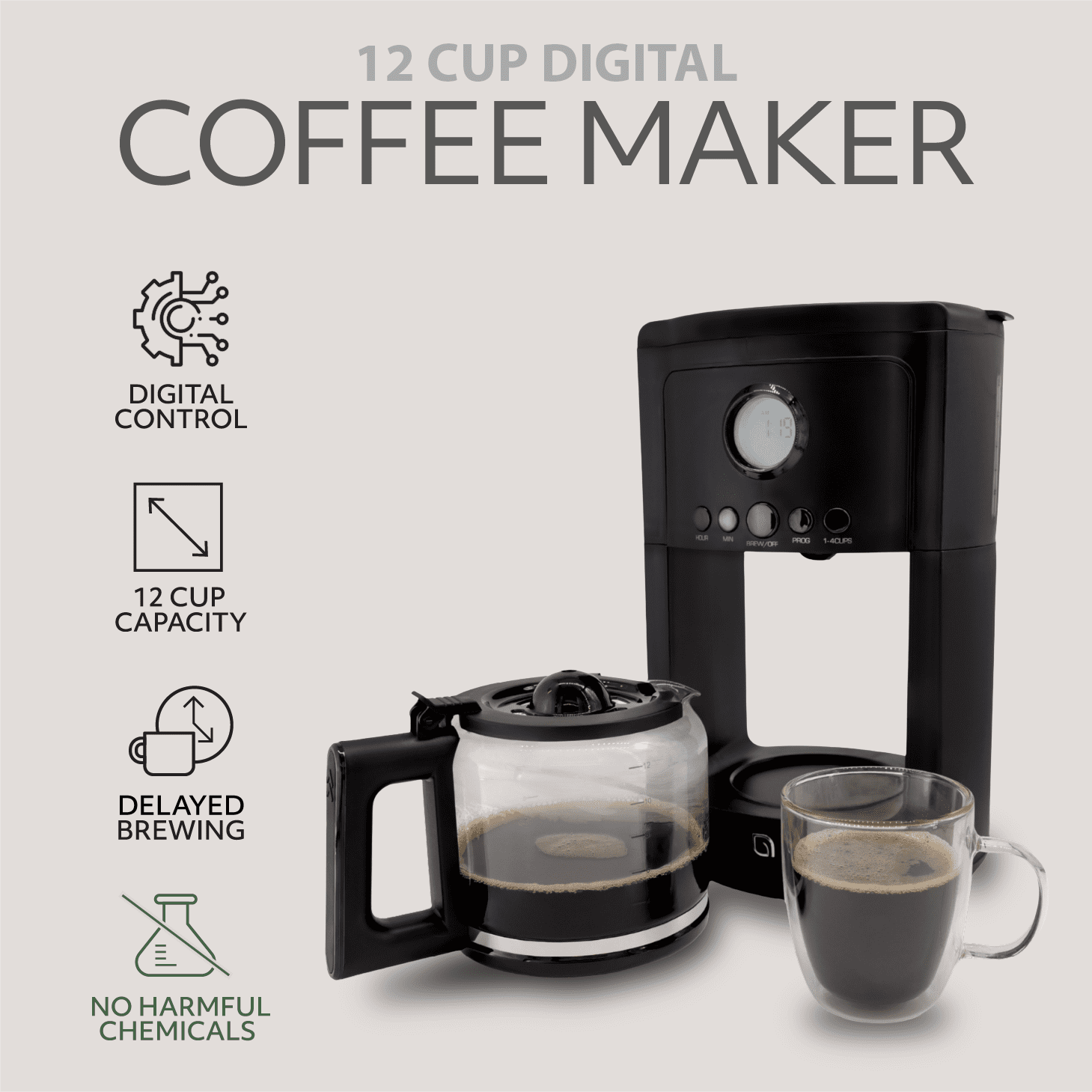 Willow Kitchen 12-Cup Drip Coffee Maker, Digital Programmable Coffee Maker with Auto Keep Warm Function, Black