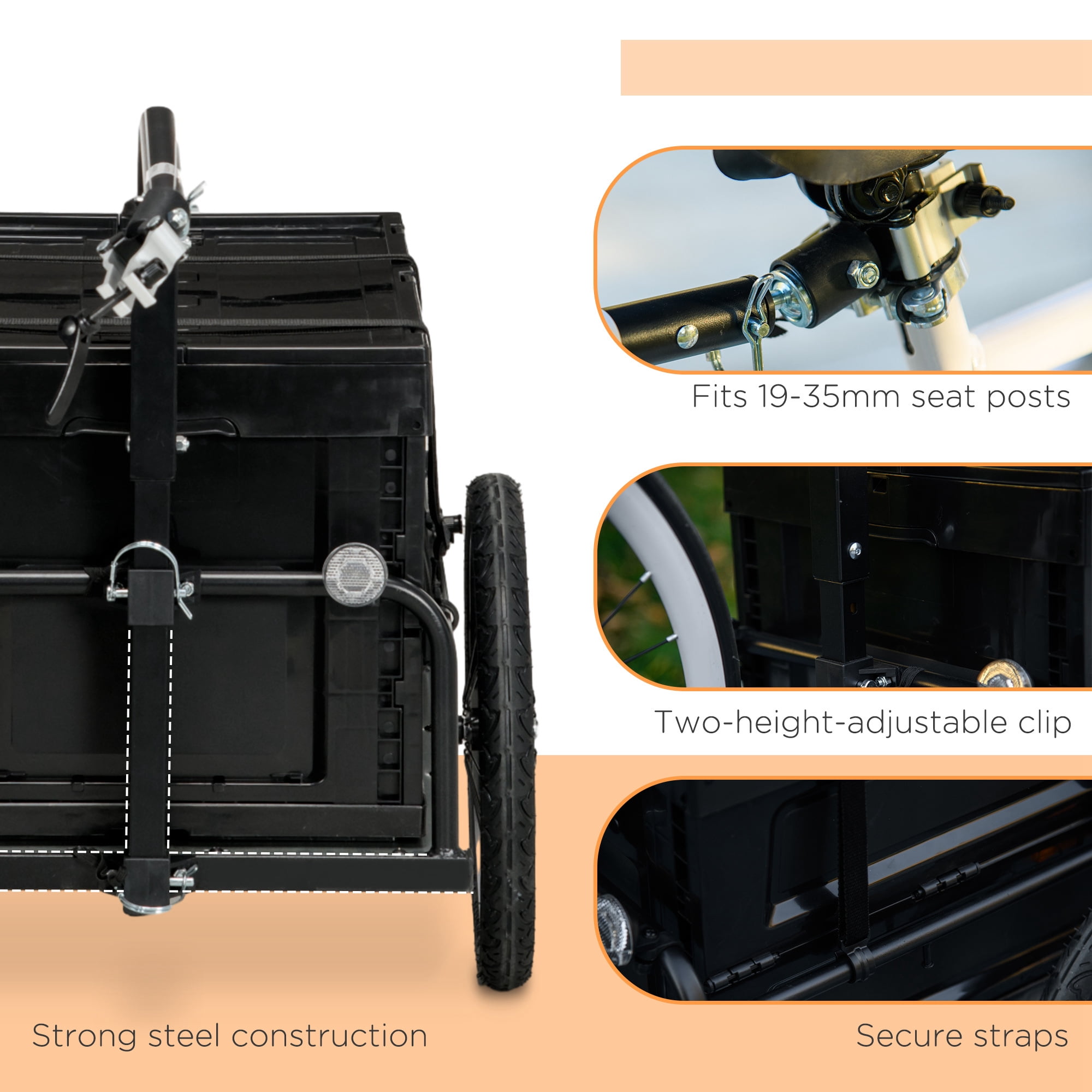 Aosom Bike Cargo Trailer with Foldable Storage Box, Bicycle Wagon Cart with Rear Gate, Steel Frame, 16" Pneumatic Tires, 88 lbs Capacity, Black