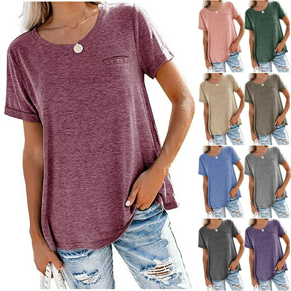 Mittory Women's Roll Up Short Sleeve T Shirts Crew Neck Tops Loose Causal Tees with Pocket