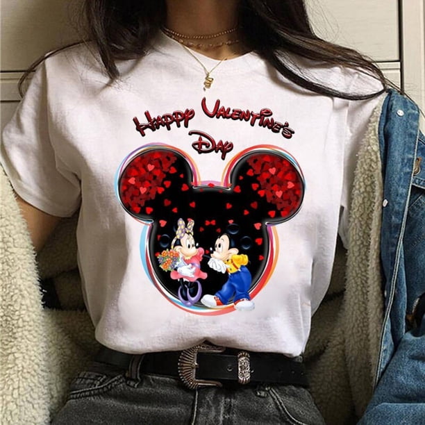 Valentine's Day Gift Disney Mickey Mouse Women's Crewneck High-Quality Casual 100% Cotton T-shirt Free ShippingXS Gao Jinjia LED