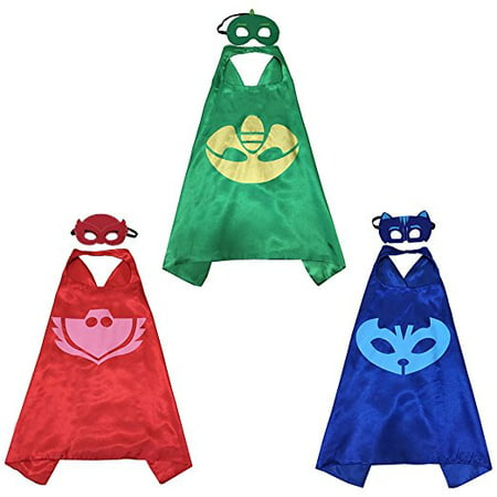 PJ Mask Super Team Kids Cape and Mask Costumes, 3-Set Gekko, Catboy and Owlette Costume Party Set, Superhero Party Favors