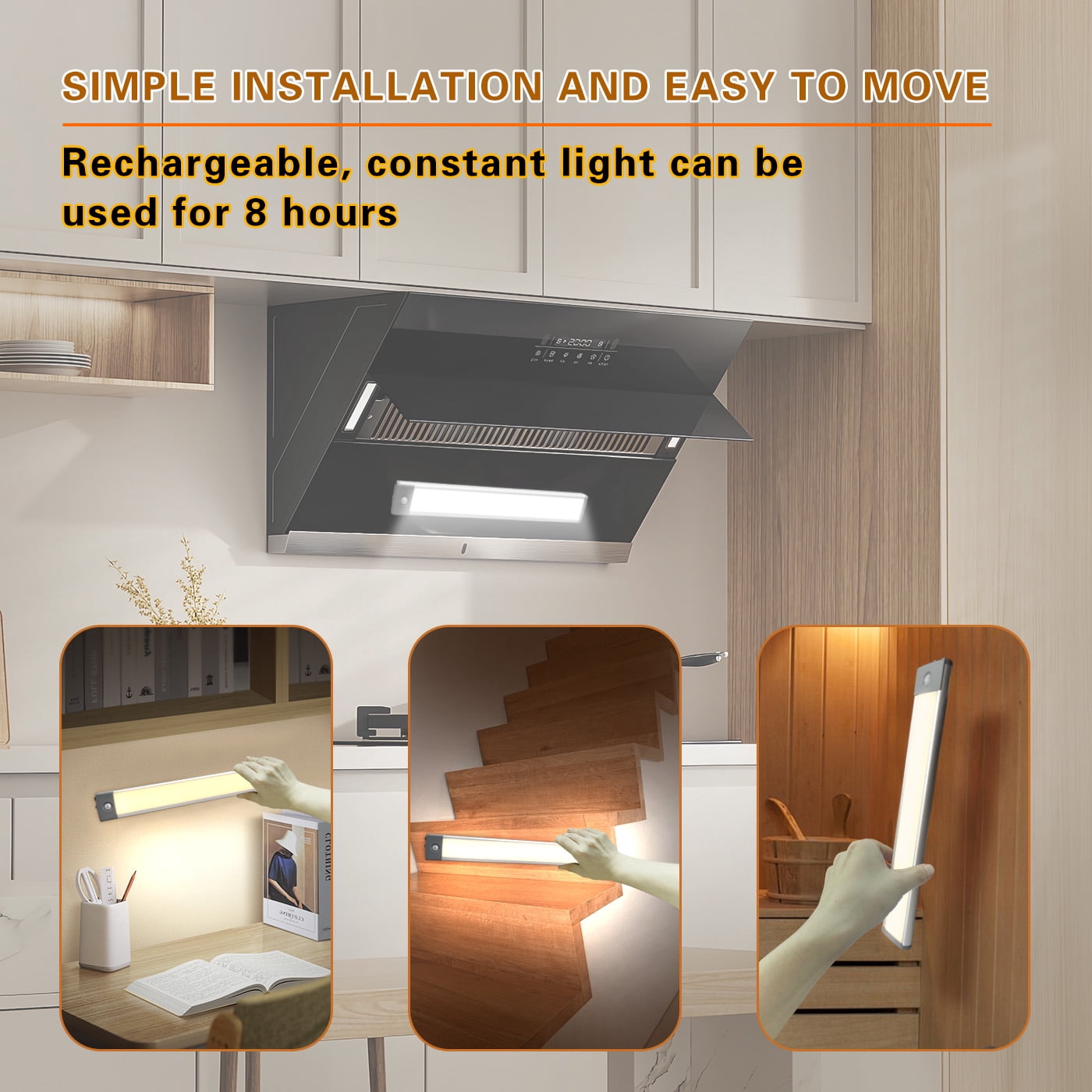 Lepotec 2pc 60LED Under Cabinet Lighting, 3 Colors Wireless Closet Lights, 2500mAh Rechargeable Battery Operated Light for Kitchen, Hallway, Stairway