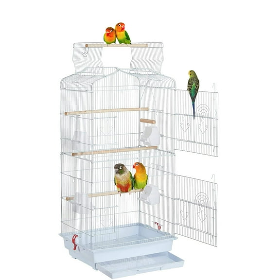 Large 36" White Metal Bird Flight Play Top Cage with Breeding Nest Doors for Parakeets, Lovebirds, Canaries, Finches, Budgies and Aviaries