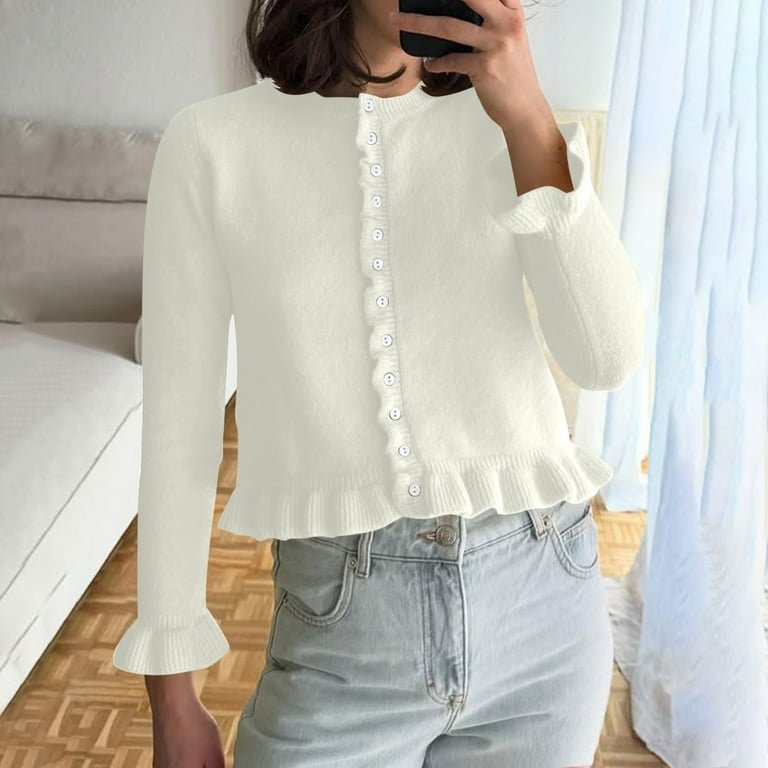 APEXFWDT Women's Ruffled Trim Knit Cardigan Button-Up Crew Neck