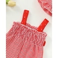 thumbnail image 6 of KIMI BEAR Newborn Baby Girls Jumpsuit 6-12 Months Summer Clothing Sleeveless Bows Ruched Strawberry Print Overall Shorts Button Bottom Cute Halter One-piece Suspenders with Hat Pink, 6 of 8