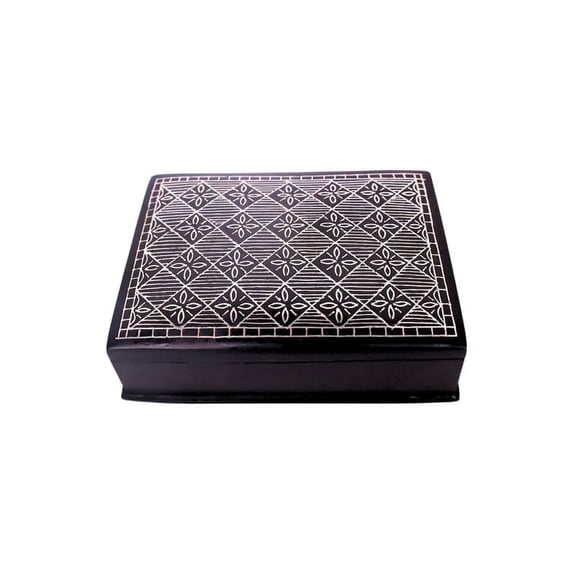 NATRIEL Bidri Art Black Decorative Storage Box with Silver Inlay Work, Traditional Geometric Pattern, 3.9x3.1 Inches (Style 1)