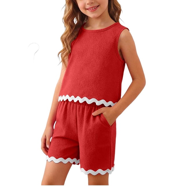 Tank Top Set for Girls, Solid Color Bubble Ruffle Trim Round Neck and Shorts 2-Piece Summer Casual Outfit for Kids