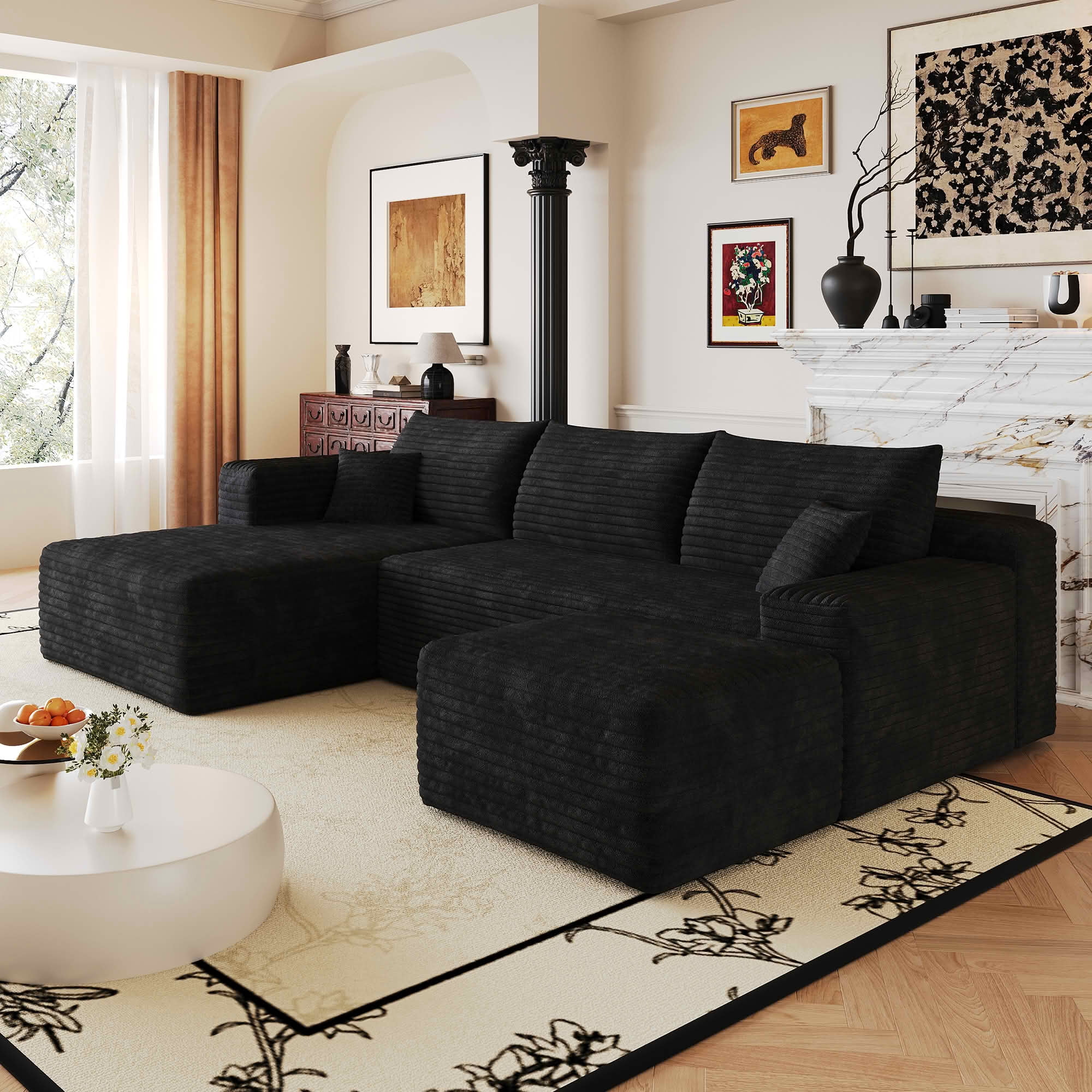 MAYEERTY 103 Inch L‑Shaped Cloud Sectional Sofa with 1 Ottoman, Modern Minimalist Deep‑Seat Corner Couch, Plush Corduroy Upholstered Reversible Sofa, No‑Assembly Required for Living Room Apartment