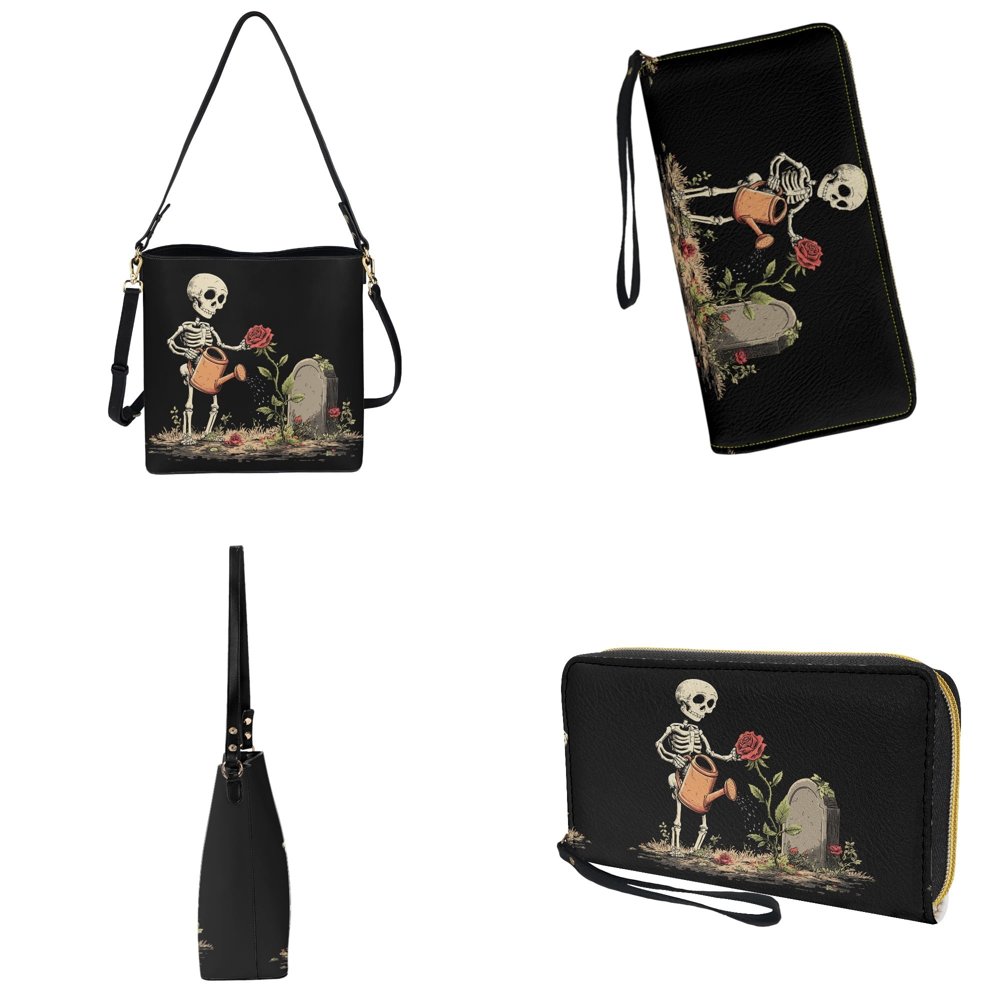 ZUXONGSY Halloween Skull Rose Print Bucket Purse and Wallet Set for Women Lady Large Bucket Bag Tote Purse Set Multipurpose 2 Pcs Bucket Purse Set for Business