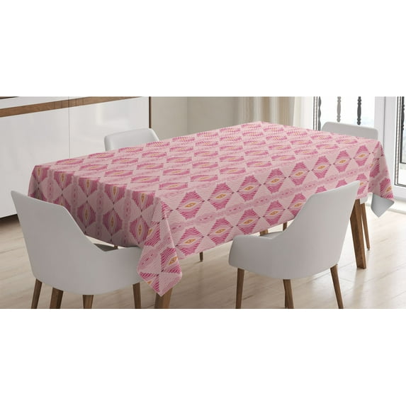 Pink Tablecloth, Geometric Ornament with Wavy Rhombus and Thin Lines in a Retro Style, Rectangle Satin Table Cover Accent for Dining Room and Kitchen, 60" X 84", Pink Pale Pink, by Ambesonne
