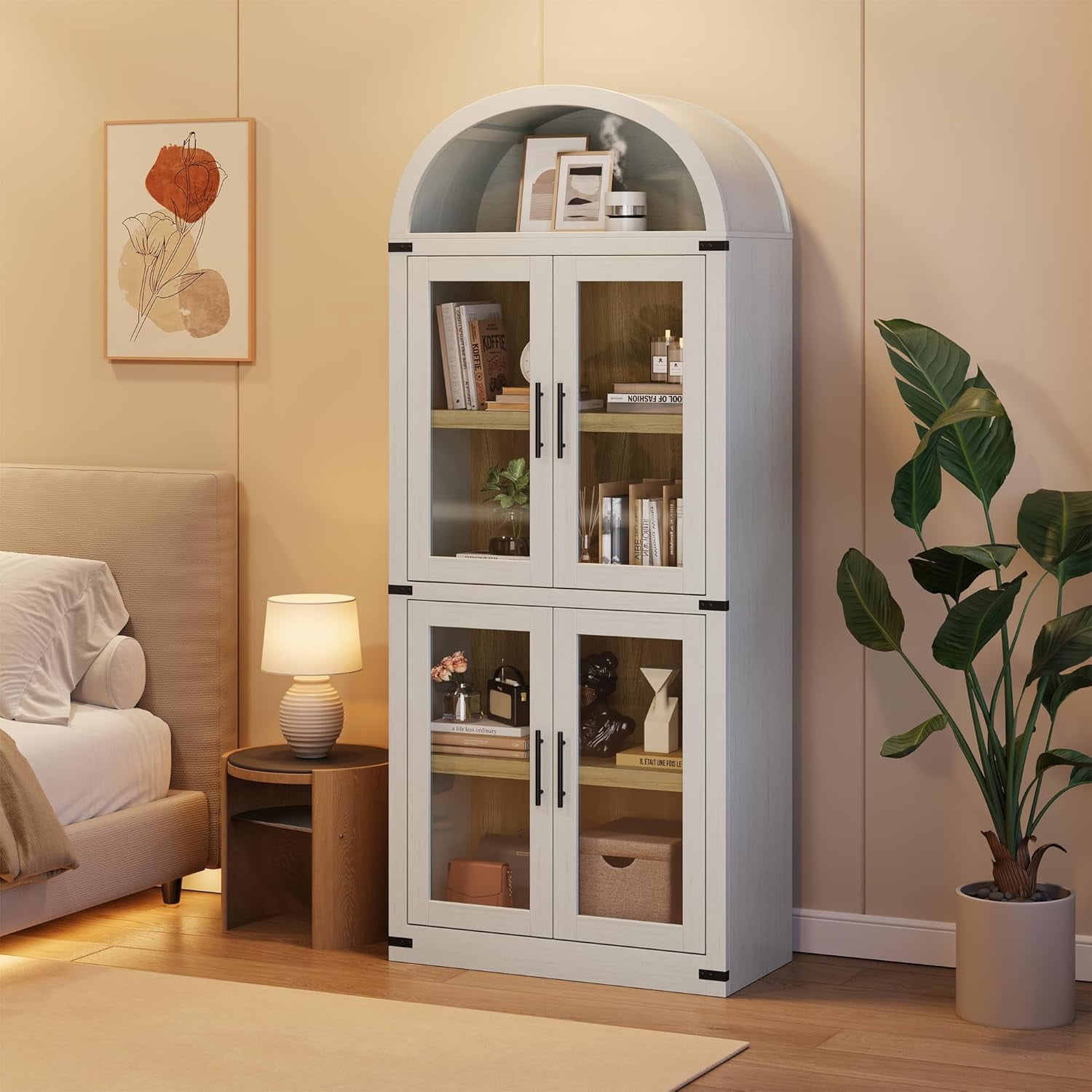 Memoryfield 72" Tall Arched Bookcase with Glass Doors, 5 Tier Display Bookshelf Storage Cabinet, Modern Floor Standing Organizer for Home Office Living Room, White