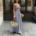 thumbnail image 6 of Miluxas Women's Sleeveless Halter Maxi Dress Trendy Vertical Striped Backless Smocked Dress Summer Casual Boho Style Beach Travel Outfits Light Blue, 6 of 8