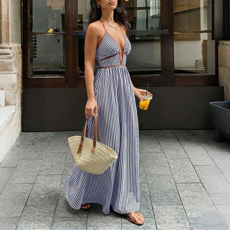Uootdi Womens Maxi Dresses Vertical Stripe Print Halter Neck Deep
