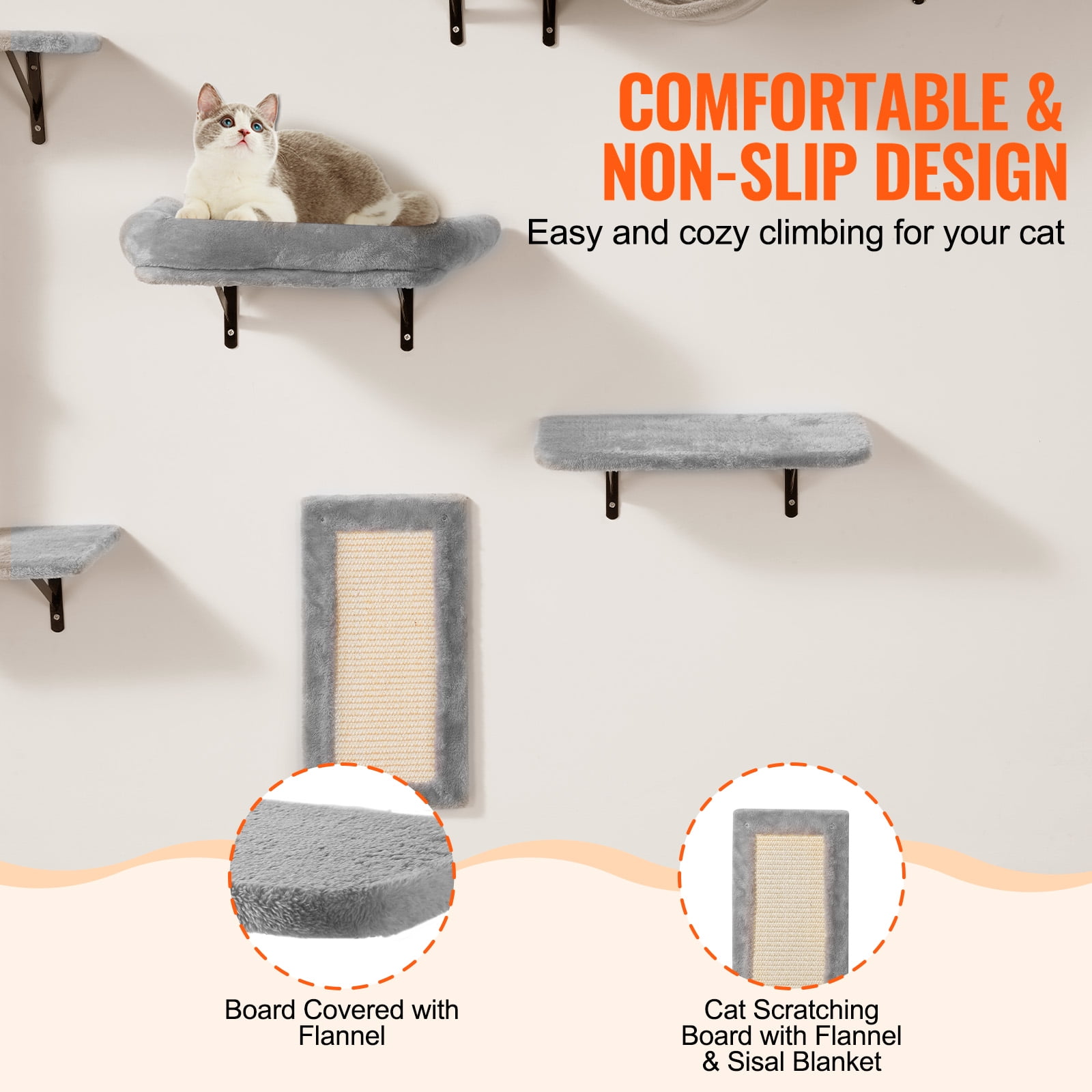 KFFKFF Cat Wall Mounts, Set of 6, Includes Jump Platforms, Hammock, Couch, Cat Tower & Grip, Cat Play and Rest Furniture, Supports up to 40 lbs, Ideal for Sleep, Play, and Climb