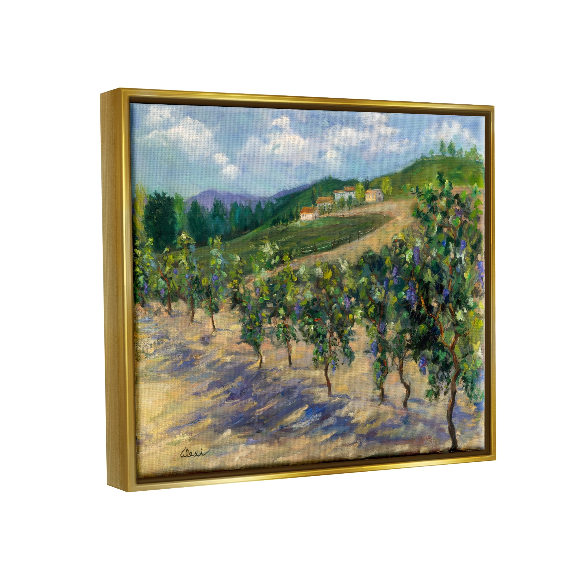 Stupell Industries Rural Vineyard Painting Landscape Painting Gold Floater Framed Canvas Art Print Wall Art, 21 x 17