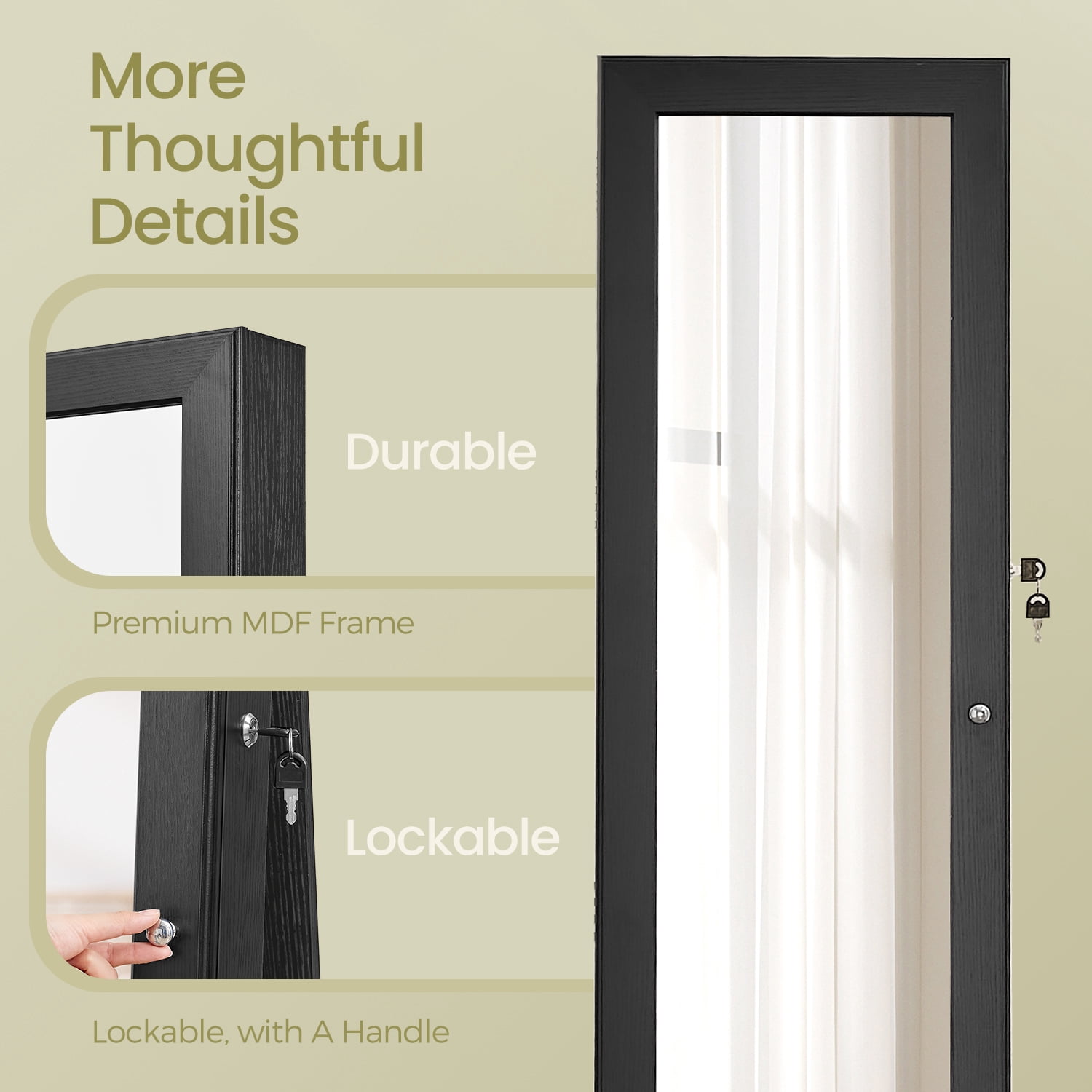360° Swivel Jewelry Armoire with Lock, Full-Length Mirror & Rear Shelves – 120 Earring Slots, 12 Necklace Hooks, 78 Ring Holders, Velvet-Lined, Black