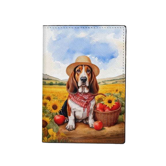 Vintage Basset Hound Says Hello Mother's Day Summer Sunflower Field Travel Passport Wallet Bassets Dog Breed Lovers Gifts Idea PU Leather Passport Holder Cover - 12005