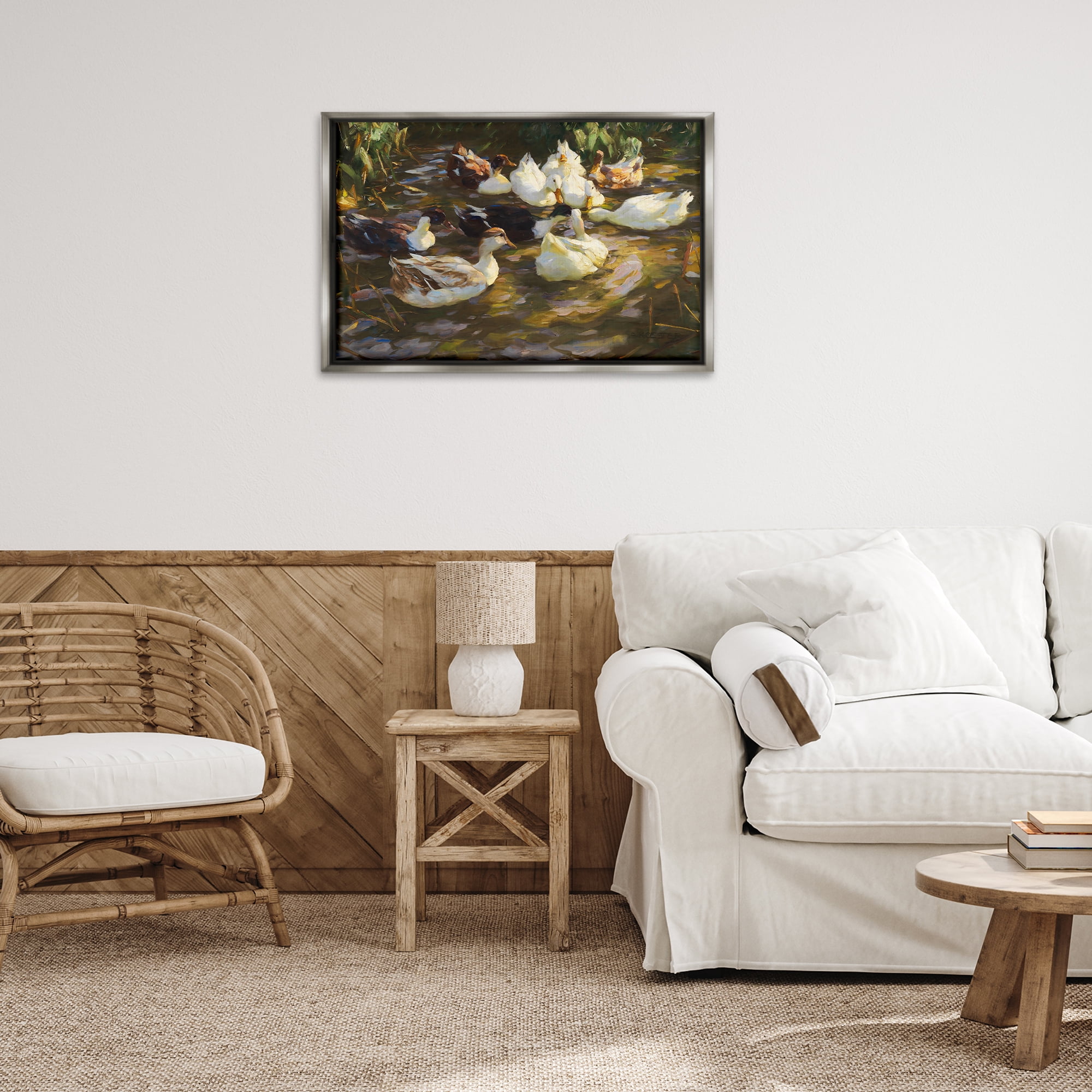 Stupell Industries Ducks in Flowing River Landscape Painting Gray Floater Framed Canvas Art Print Wall Art, 31 x 21